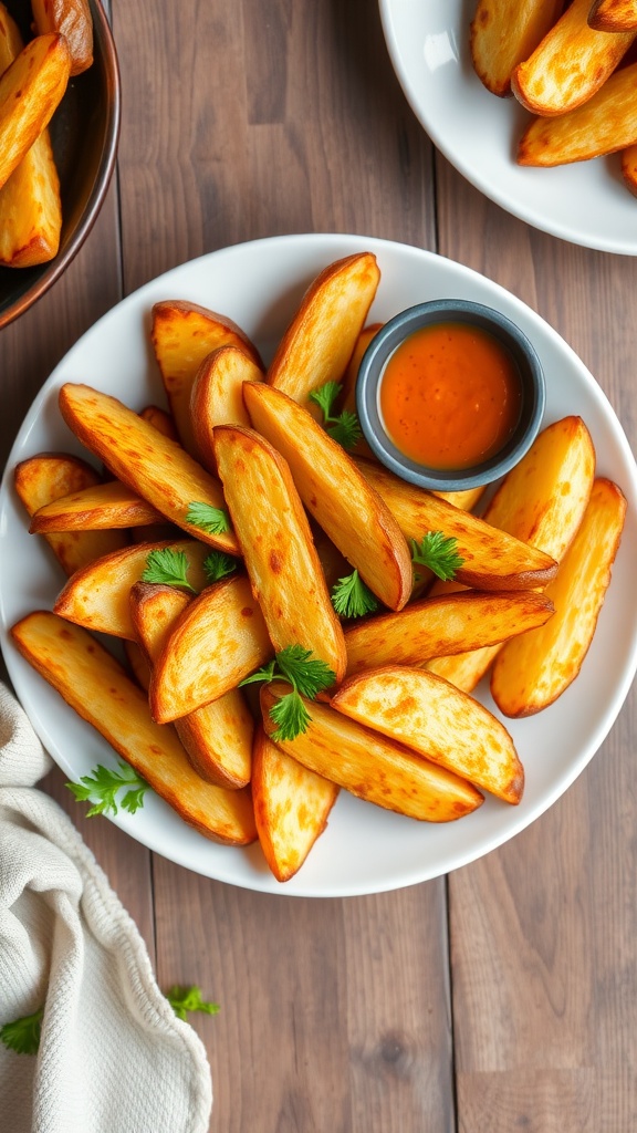 Crispy potato wedges garnished with parsley and served with dipping sauce on a wooden table.